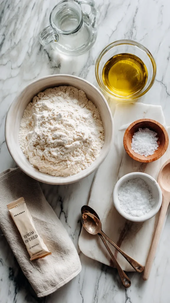 Panini bread ingredients including bread flour, yeast, olive oil, salt, and warm water arranged on marble surface