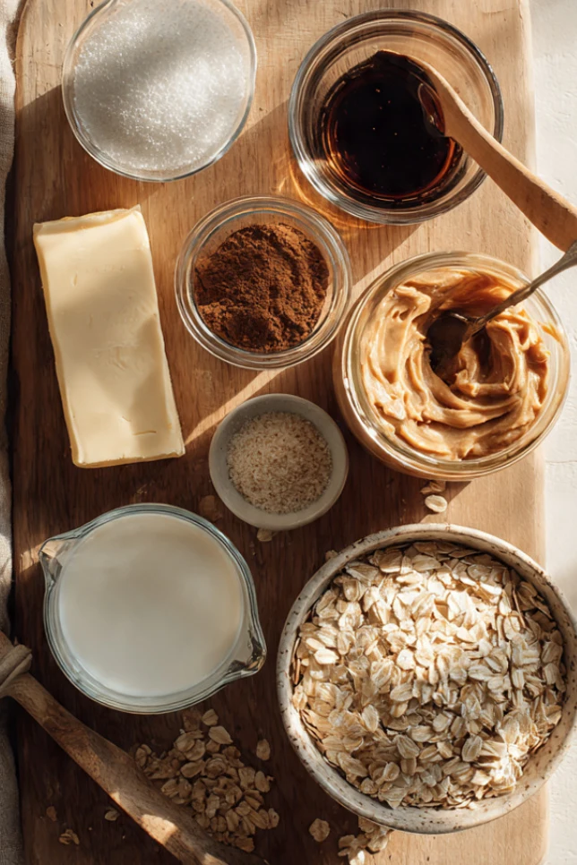Ingredients for peanut butter no bake cookies including sugar, butter, cocoa powder, peanut butter, oats, vanilla, and milk arranged on a wooden board