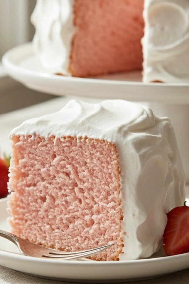 Pink angel food cake with billowy white marshmallow frosting on a white cake stand, showing the soft pink interior with one slice cut