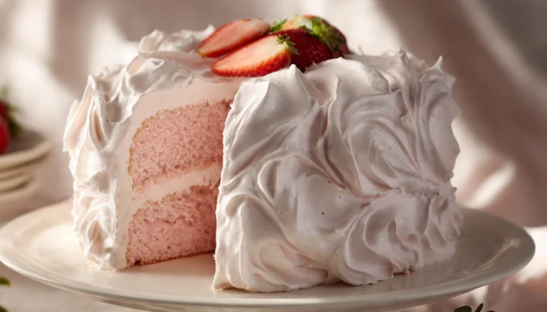 Pink angel food cake with billowy white marshmallow frosting on a white cake stand, showing the soft pink interior with one slice cut