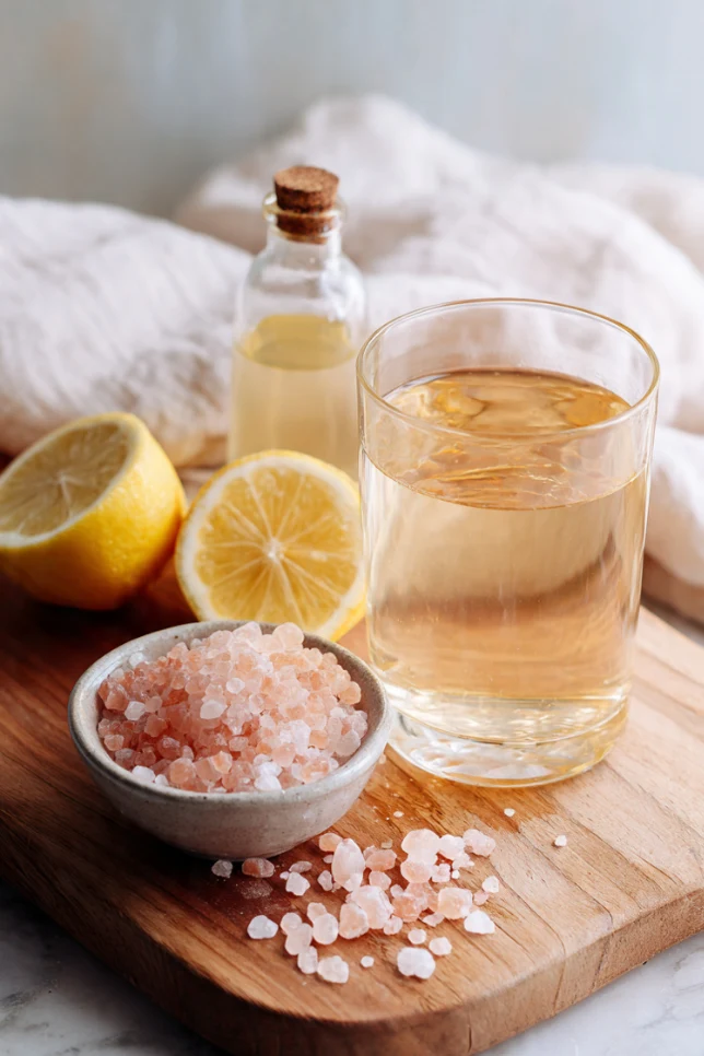 Homemade pink Himalayan salt and apple cider vinegar electrolyte drink in a clear glass with salt crystals and lemon