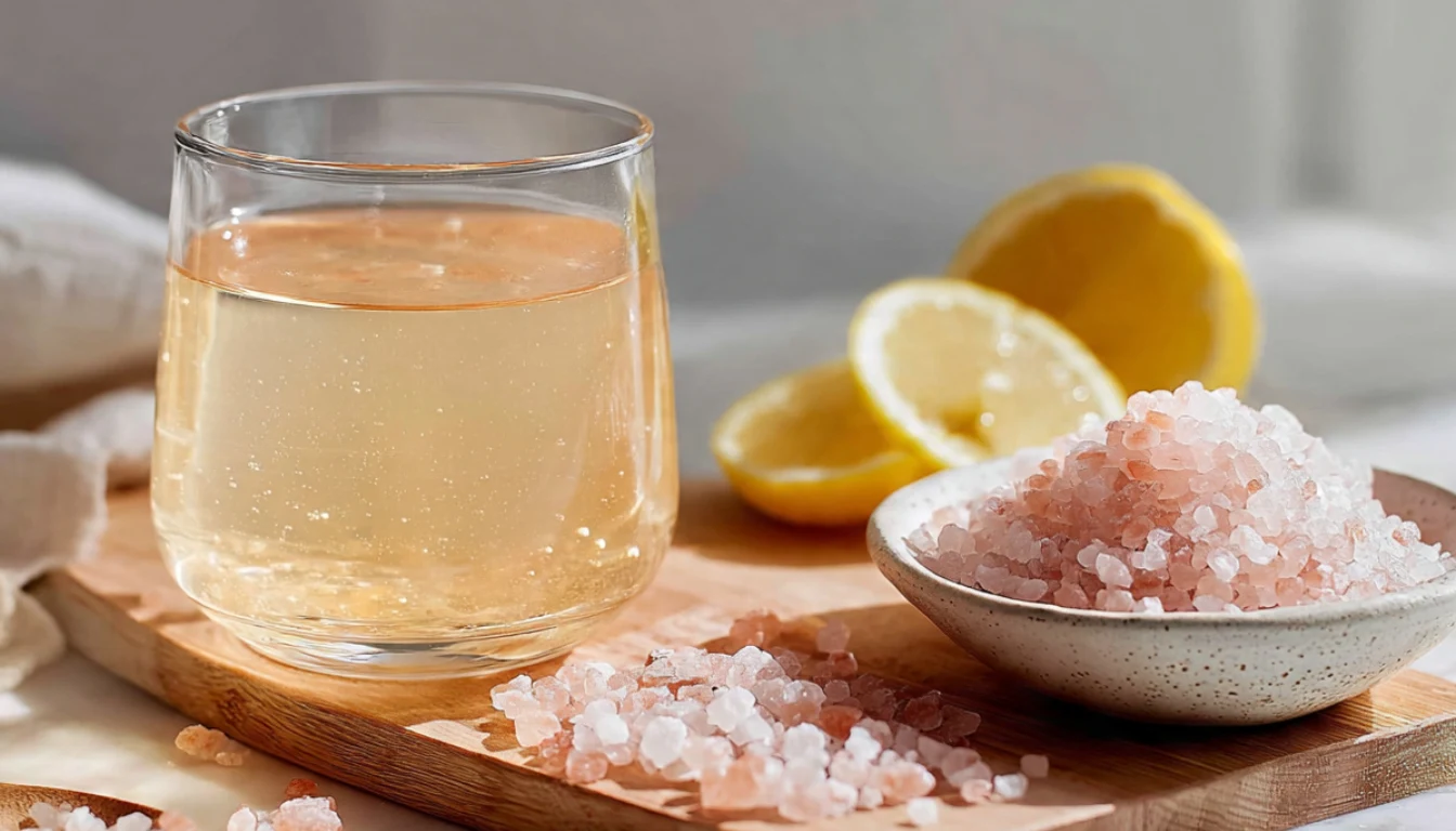 Homemade pink Himalayan salt and apple cider vinegar electrolyte drink in a clear glass with salt crystals and lemon