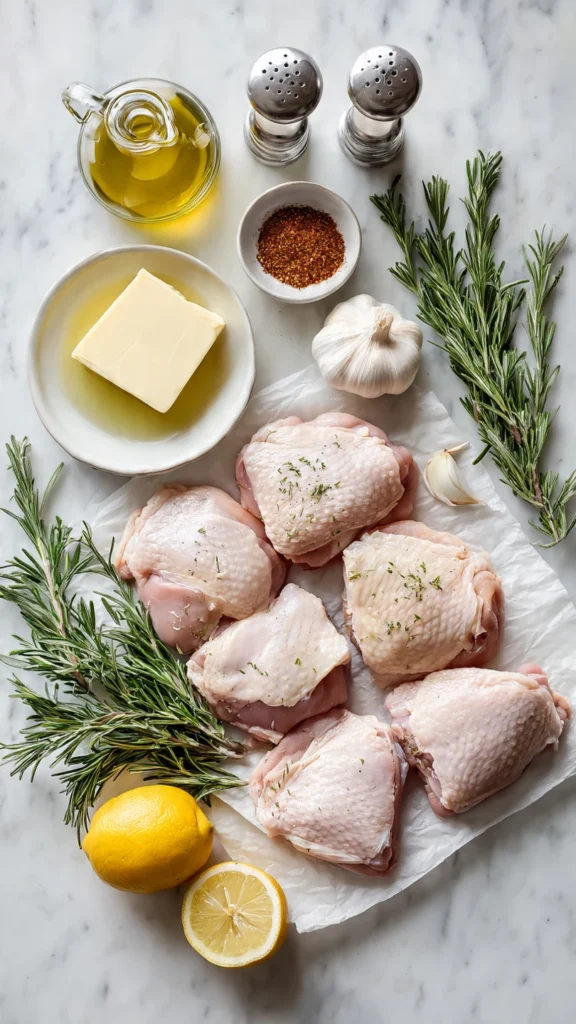 Fresh ingredients for rosemary butter chicken thighs including raw chicken thighs, butter, garlic, fresh rosemary, olive oil, and seasonings arranged on marble surface