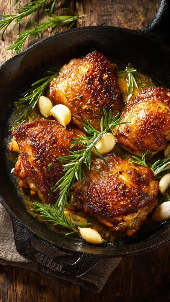 Golden brown rosemary butter chicken thighs in a cast iron skillet with fresh herbs and garlic, showing crispy skin and juicy meat