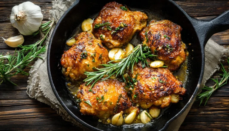 Golden brown rosemary butter chicken thighs in a cast iron skillet with fresh herbs and garlic, showing crispy skin and juicy meat