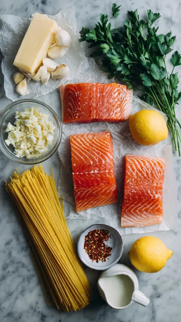 Ingredients for creamy garlic butter salmon pasta including salmon fillets, garlic, butter, Parmesan, lemon, and linguine