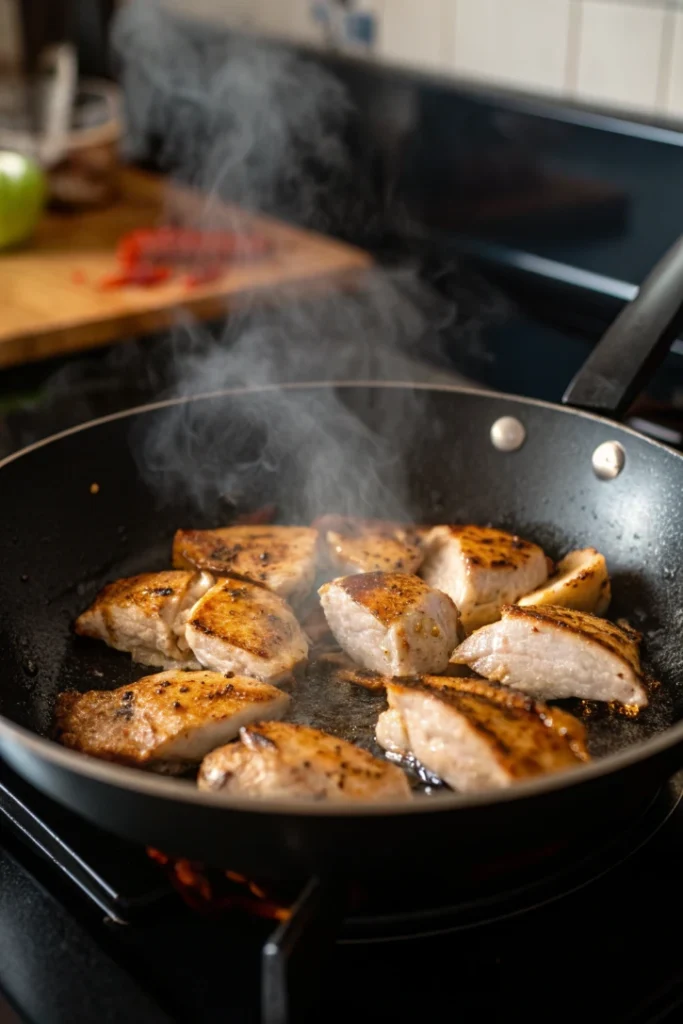 Chicken pieces searing in a hot wok with golden brown edges