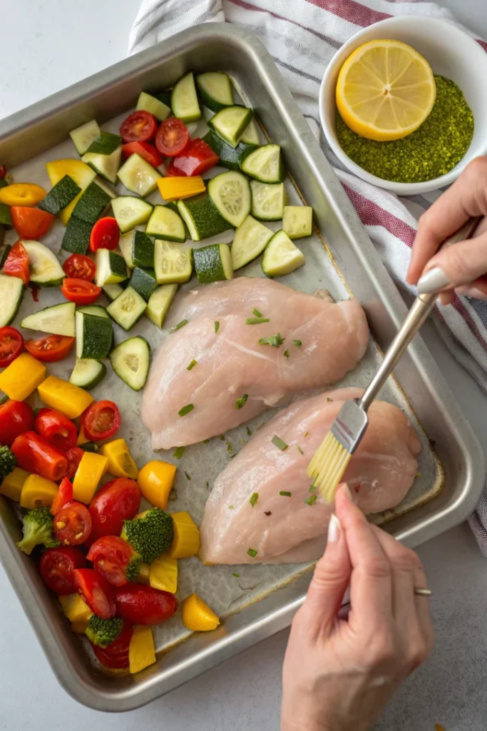 Sheet pan with seasoned chicken breasts and vegetables ready for oven roasting