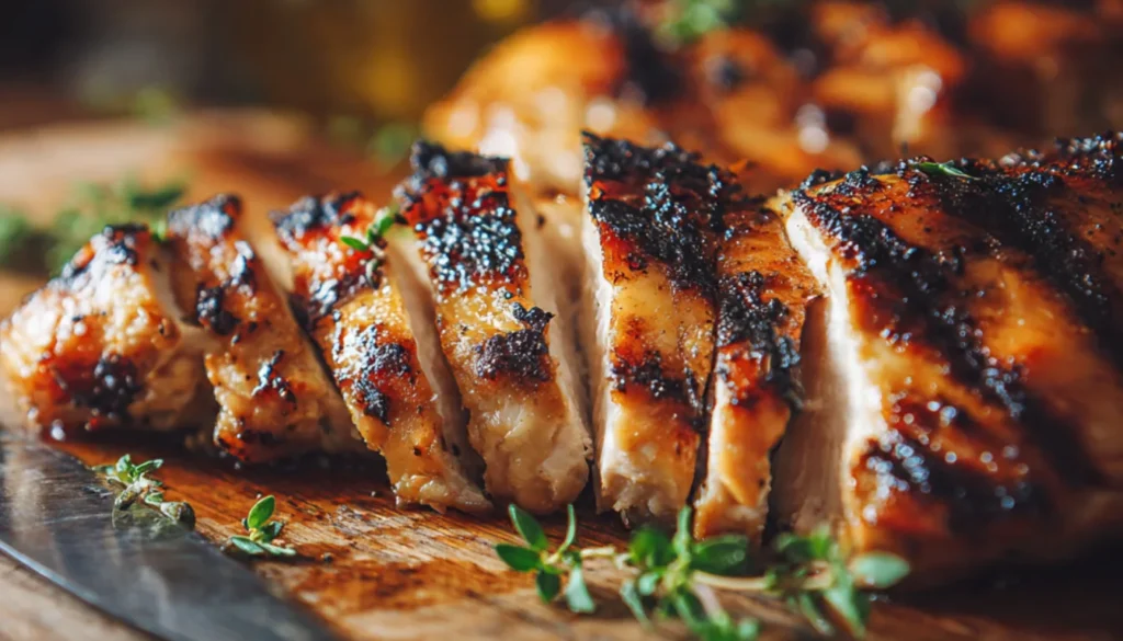 Juicy sliced grilled chicken thighs with golden char marks on a wooden cutting board
