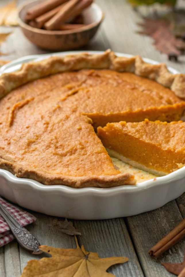 Homemade Southern sweet potato pie with one slice removed showing smooth orange filling in a ceramic pie dish