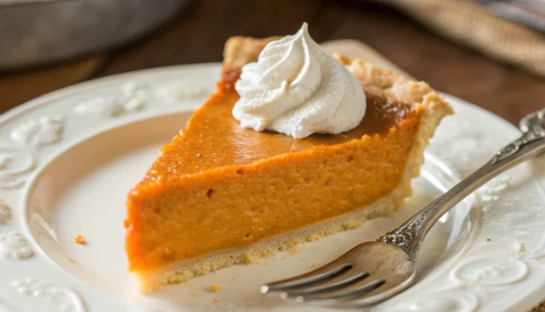 Homemade Southern sweet potato pie with one slice removed showing smooth orange filling in a ceramic pie dish