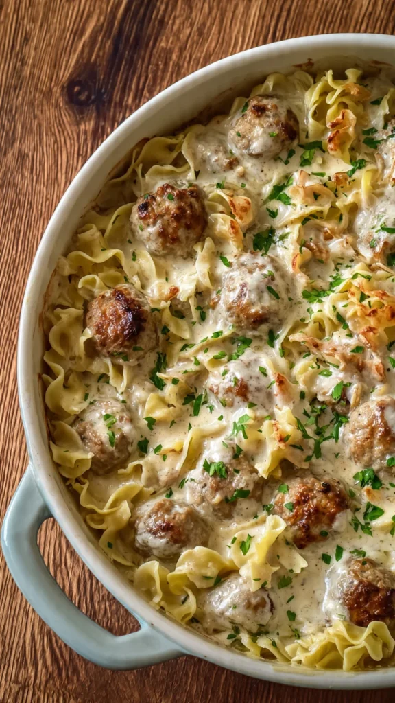 Swedish Meatball Noodle Bake in baking dish with creamy sauce and fresh parsley garnish