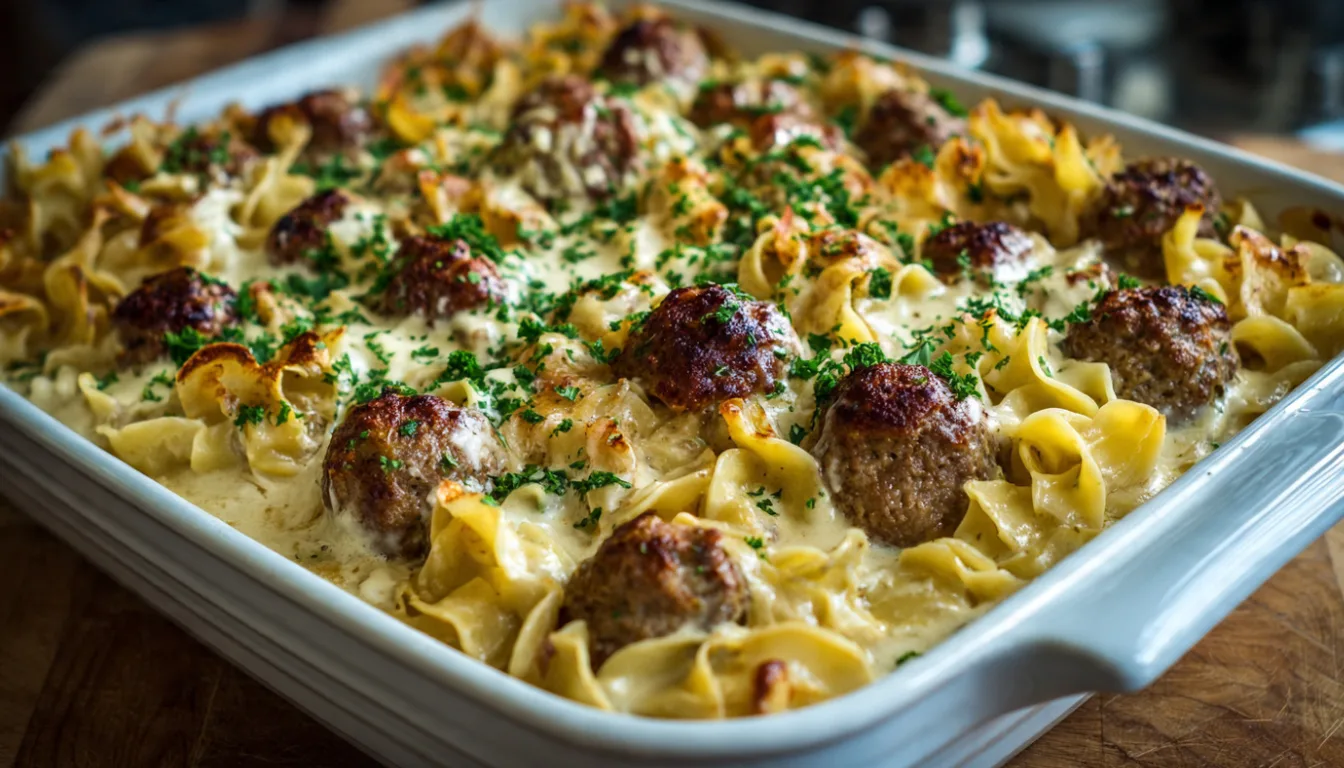Swedish Meatball Noodle Bake in baking dish with creamy sauce and fresh parsley garnish