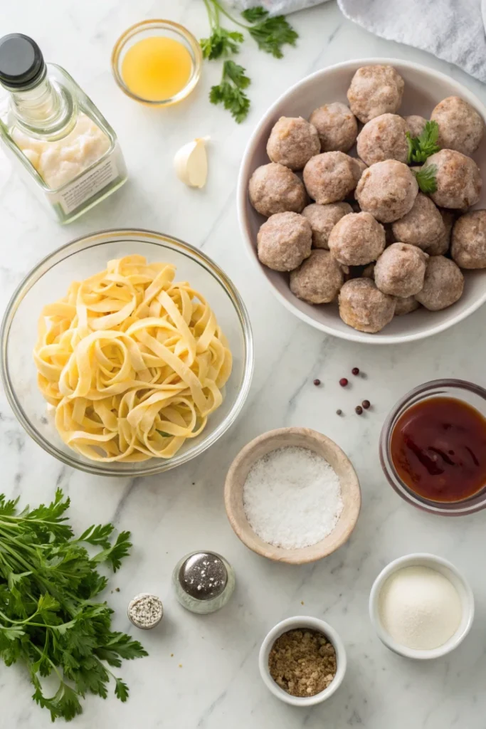 Ingredients for Swedish Meatball Noodle Bake arranged on marble countertop including meatballs, noodles, cream, and seasonings