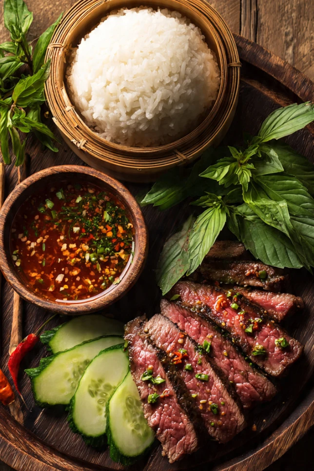 Sliced Thai Crying Tiger grilled beef on wooden board with spicy Jaew dipping sauce and sticky rice