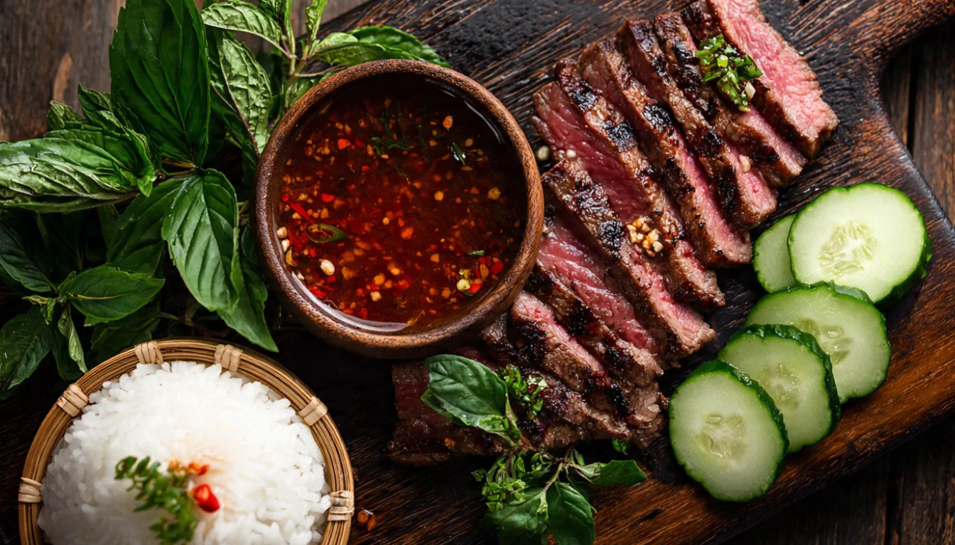 Sliced Thai Crying Tiger grilled beef on wooden board with spicy Jaew dipping sauce and sticky rice