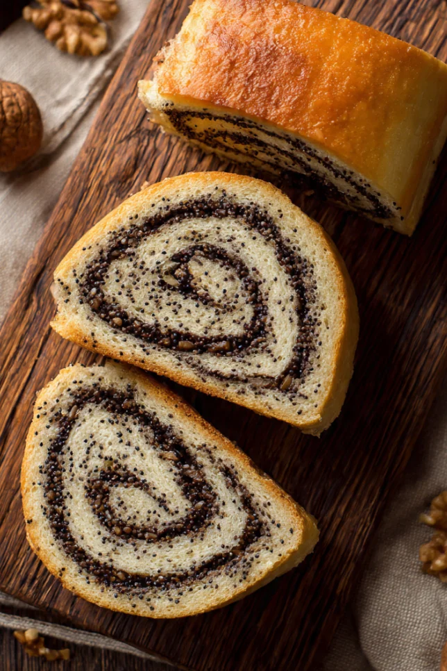 Sliced walnut poppy seed roll showing golden spiral pattern with dark walnut filling on wooden cutting board