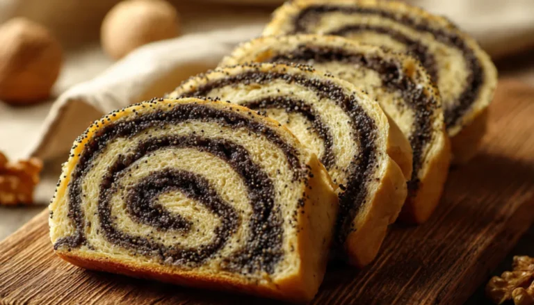 Sliced walnut poppy seed roll showing golden spiral pattern with dark walnut filling on wooden cutting board