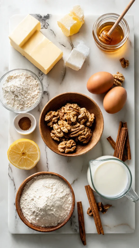 Baking ingredients for walnut poppy seed rolls including walnuts, flour, butter, eggs, honey, and spices arranged on marble