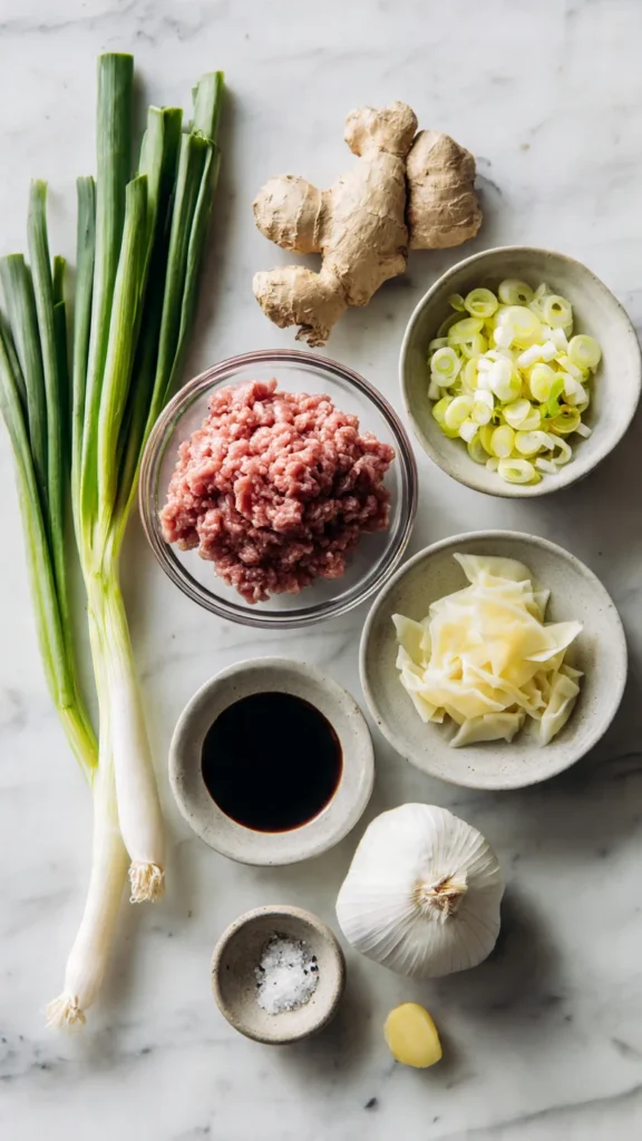 Ingredients for wonton filling including ground pork, fresh ginger, scallions, soy sauce, sesame oil, and white pepper arranged on marble
