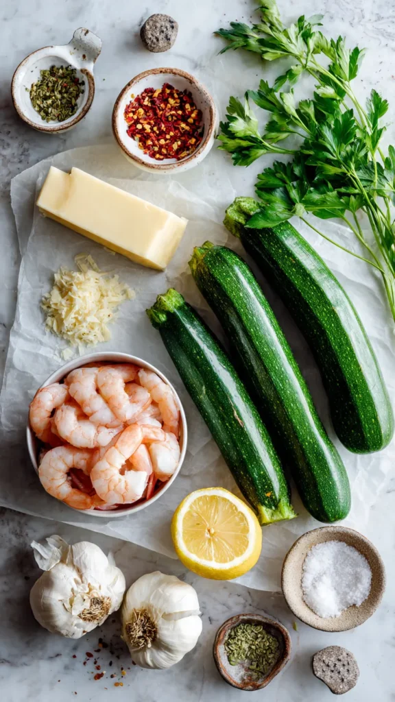 Ingredients for zucchini noodles with garlic shrimp including fresh zucchini, raw shrimp, garlic, butter, lemon, parsley, and parmesan cheese