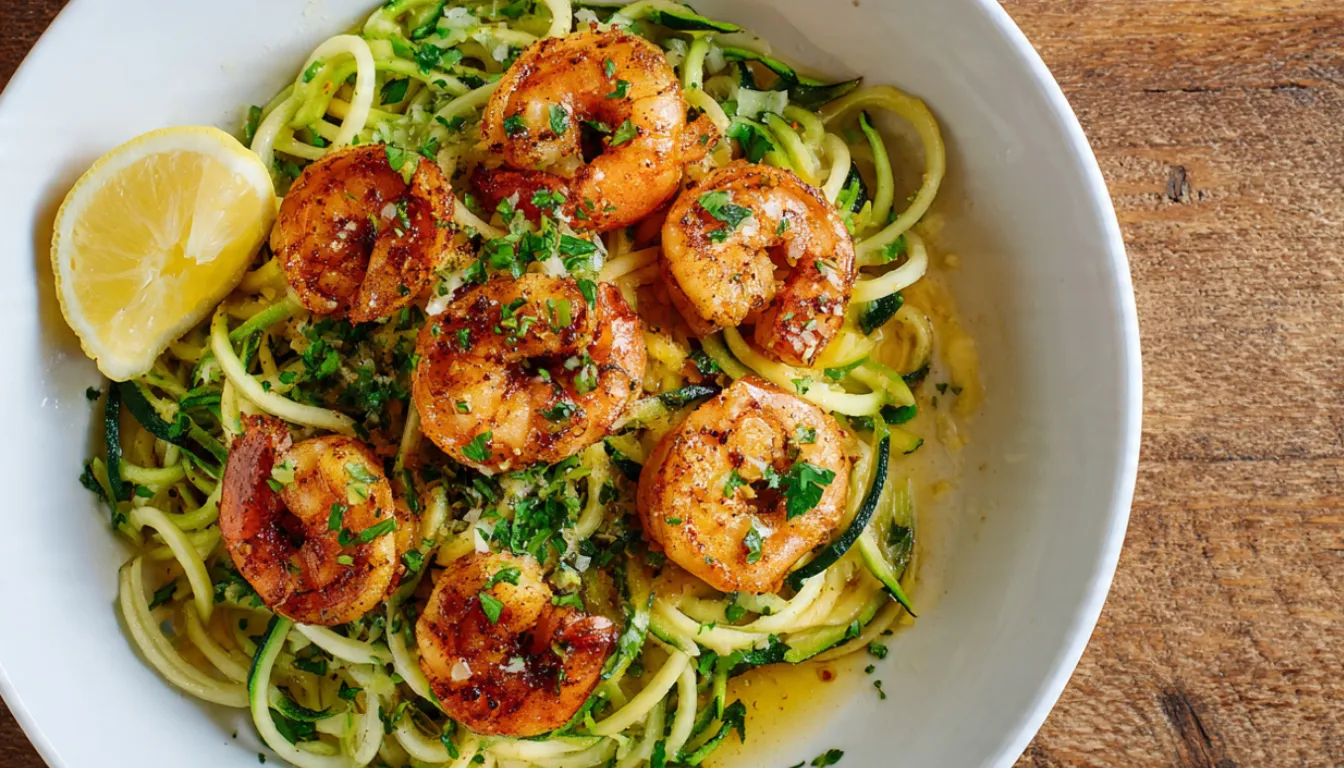 A white bowl filled with zucchini noodles topped with golden garlic butter shrimp, garnished with fresh parsley and a lemon wedge