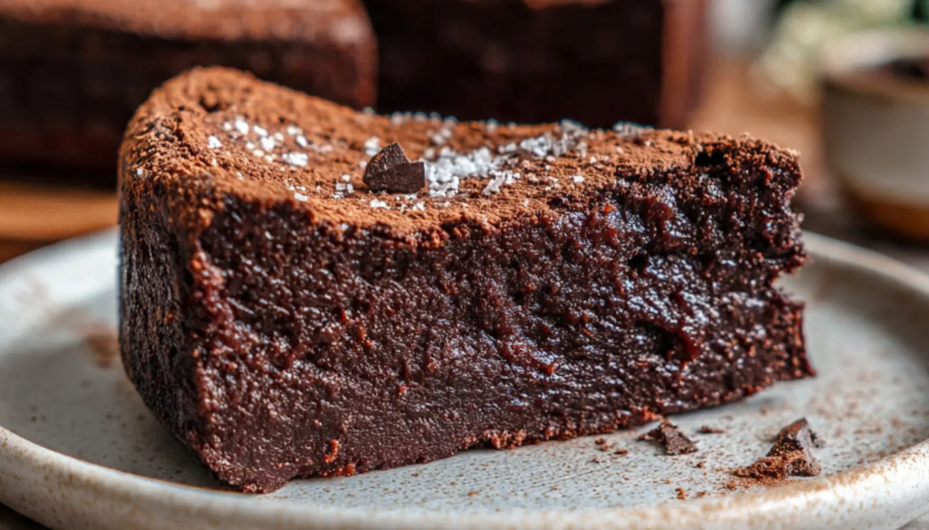 Fudgy 3-ingredient healthy chocolate cake on white plate with slice cut showing moist texture