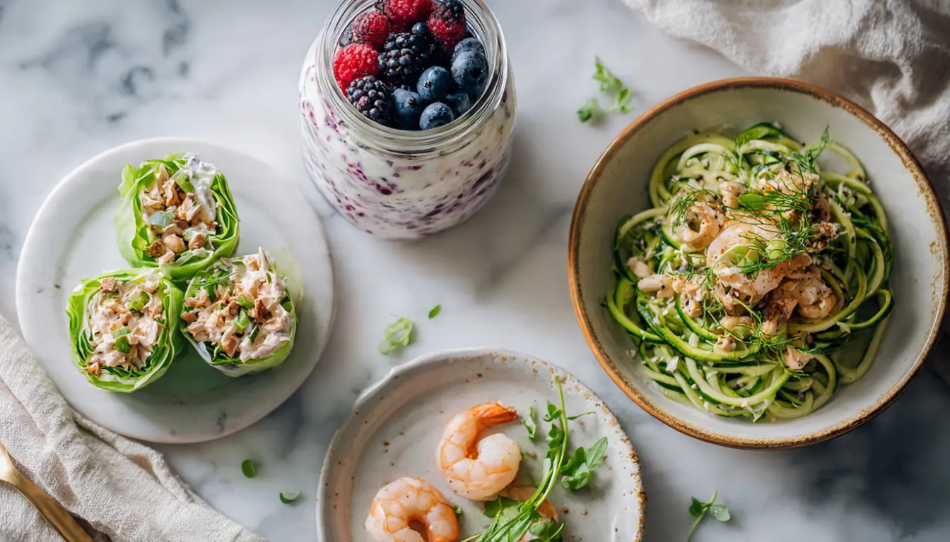 Three 300-calorie meals arranged on marble surface showing yogurt parfait, turkey lettuce wraps, and zucchini noodles with shrimp