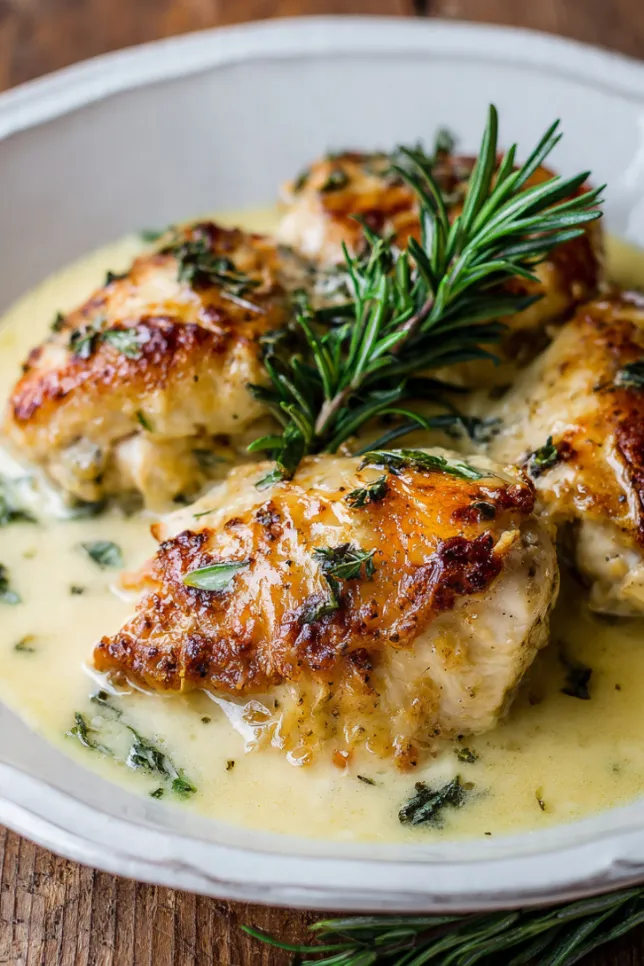 Golden baked chicken breasts with creamy parmesan coating in white baking dish