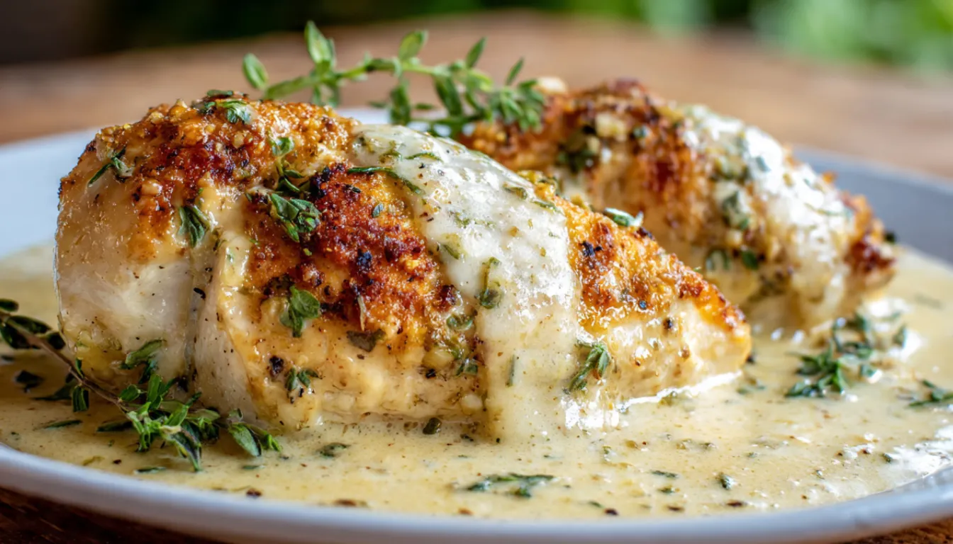 Golden baked chicken breasts with creamy parmesan coating in white baking dish