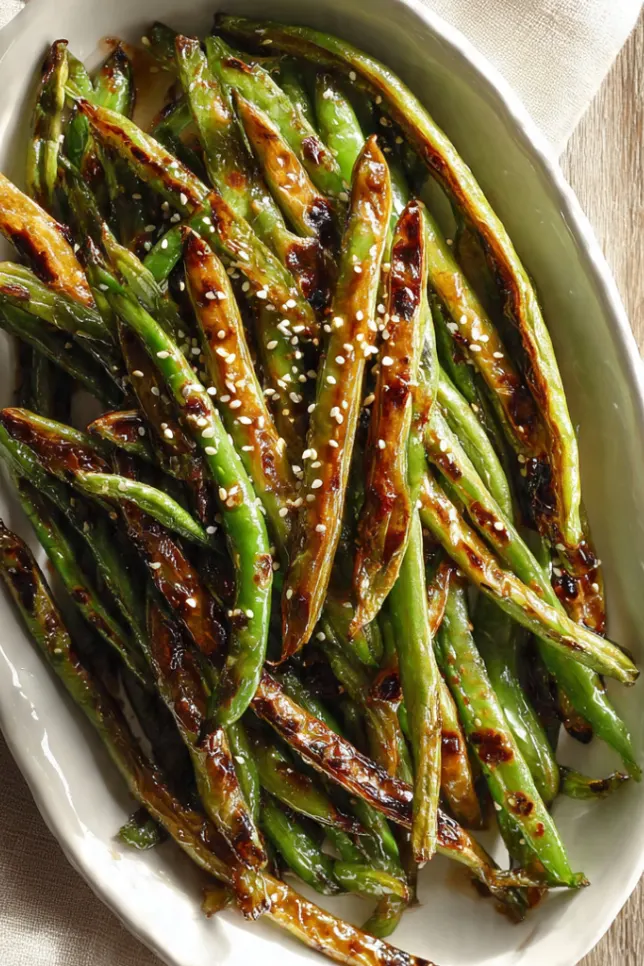 Caramelized crack green beans with brown sugar glaze on white serving platter