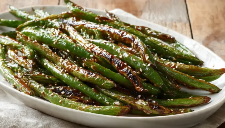 Caramelized crack green beans with brown sugar glaze on white serving platter