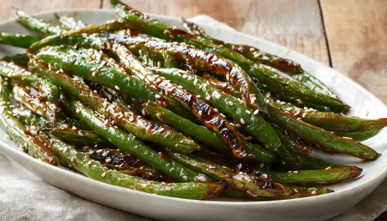 Caramelized crack green beans with brown sugar glaze on white serving platter