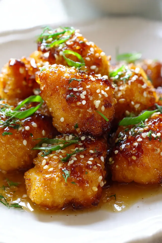 Crispy air fryer honey chicken with golden coating, drizzled with honey glaze and garnished with sesame seeds on white plate