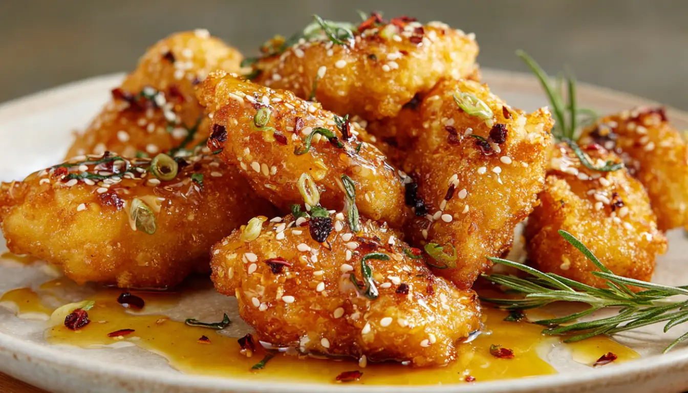 Crispy air fryer honey chicken with golden coating, drizzled with honey glaze and garnished with sesame seeds on white plate
