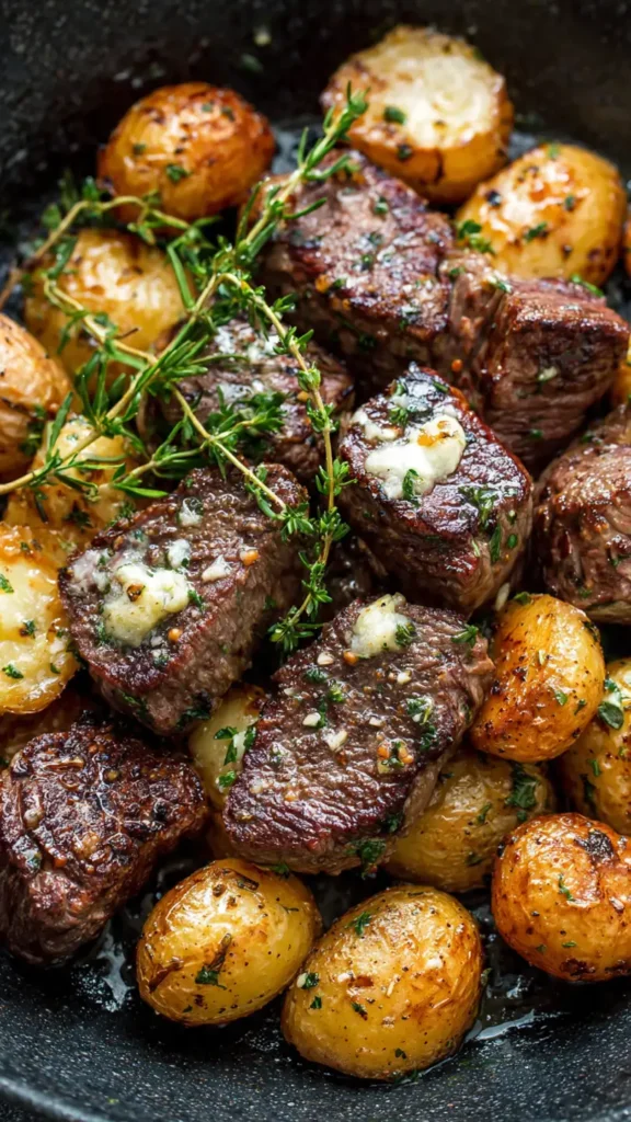 Perfectly cooked air fryer garlic butter steak bites with crispy roasted baby potatoes garnished with fresh parsley in a white serving bowl