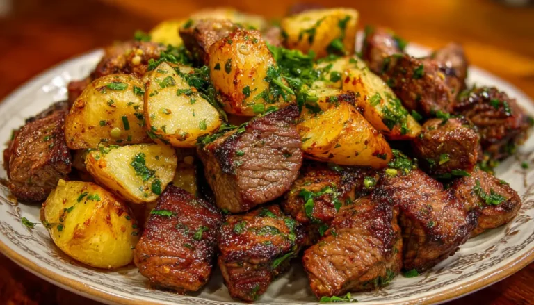 Perfectly cooked air fryer garlic butter steak bites with crispy roasted baby potatoes garnished with fresh parsley in a white serving bowl