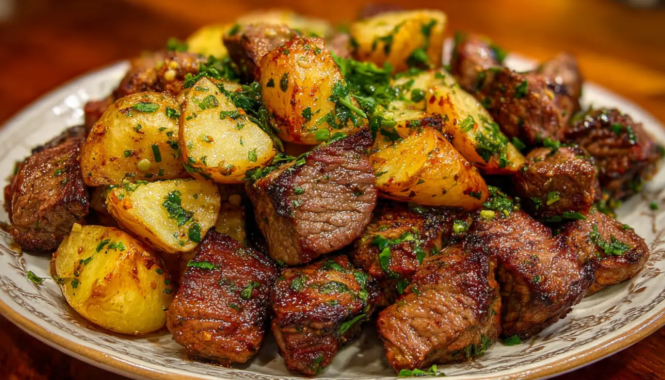 Perfectly cooked air fryer garlic butter steak bites with crispy roasted baby potatoes garnished with fresh parsley in a white serving bowl