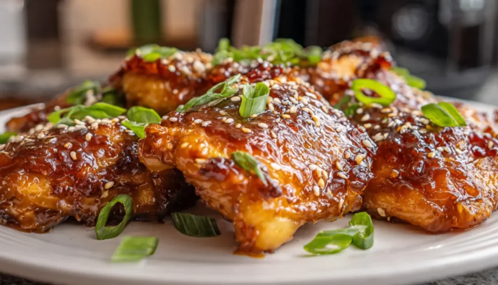Golden glazed honey garlic chicken thighs with sesame seeds and green onions on white plate