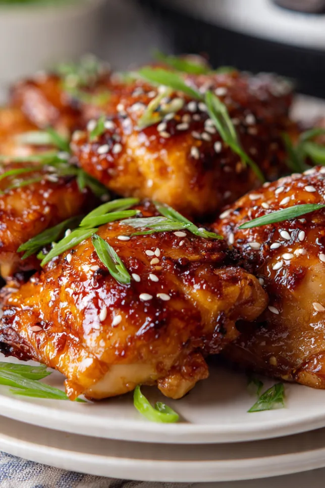 Golden glazed honey garlic chicken thighs with sesame seeds and green onions on white plate