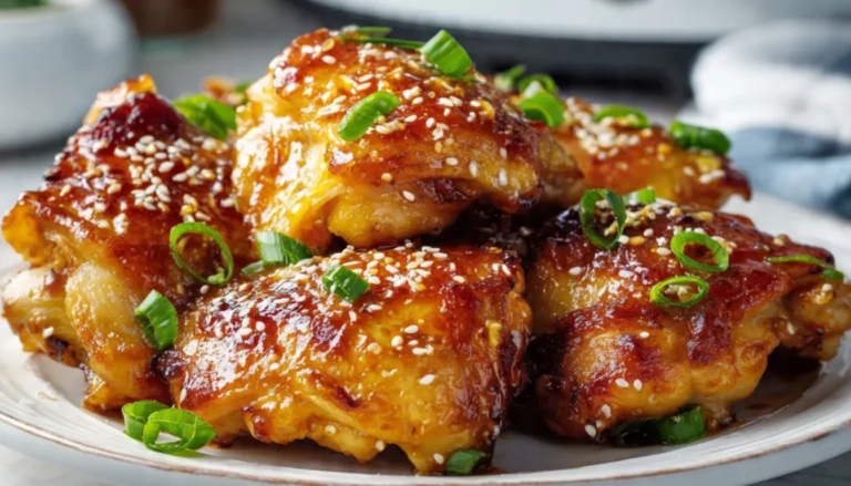 Golden glazed honey garlic chicken thighs with sesame seeds and green onions on white plate
