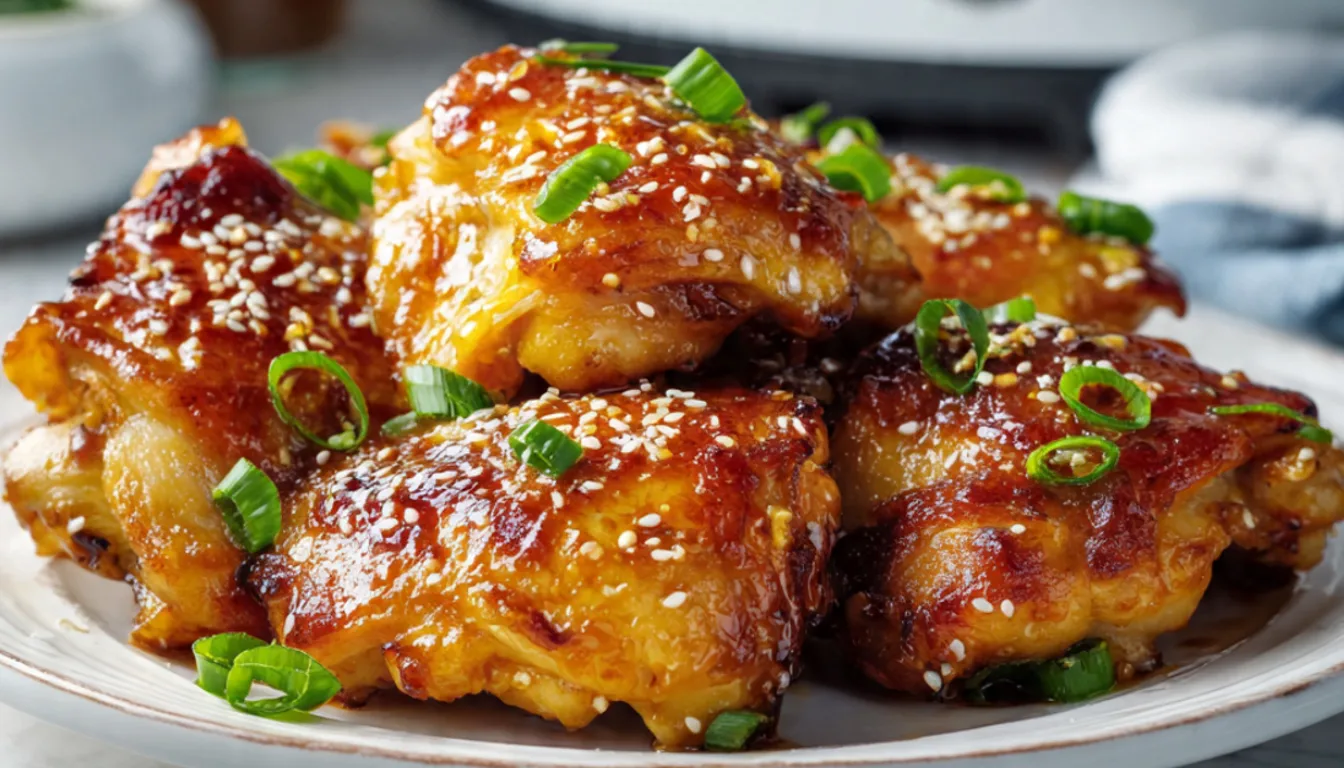 Golden glazed honey garlic chicken thighs with sesame seeds and green onions on white plate