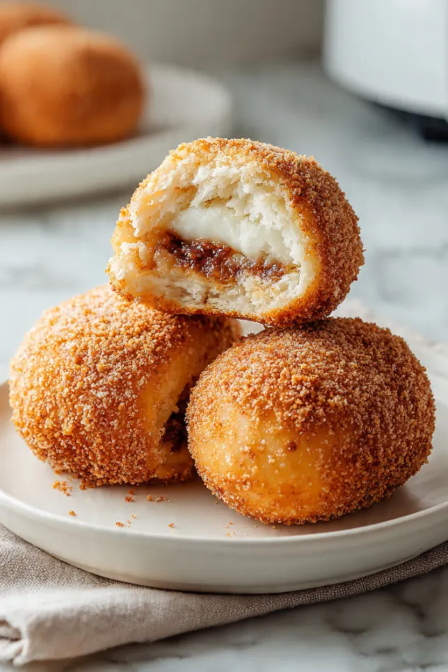 Stack of golden-brown air fryer Spanish bread rolls with breadcrumb coating on white plate, showing sweet filling inside