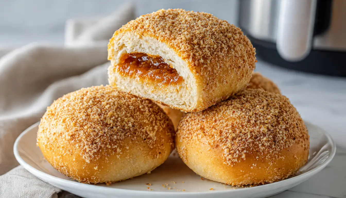 Stack of golden-brown air fryer Spanish bread rolls with breadcrumb coating on white plate, showing sweet filling inside
