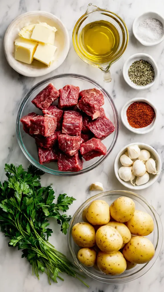 Flat lay of fresh ingredients for garlic butter steak bites including raw sirloin cubes, baby potatoes, butter, garlic, and seasonings on marble counter