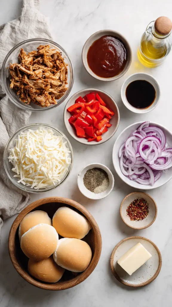 Overhead view of fresh ingredients for making Chicken BBQ Pizza Sandwiches: cooked chicken, BBQ sauce, cheese, vegetables, and bread