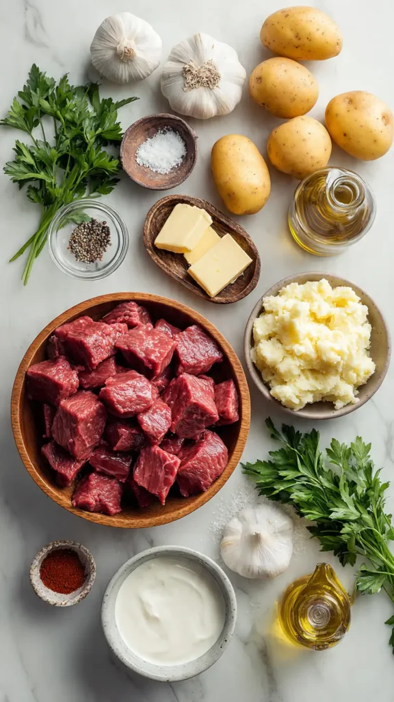 Complete ingredient list for making restaurant-style steak bites and creamy mashed potatoes including sirloin, Yukon Gold potatoes, garlic, and butter