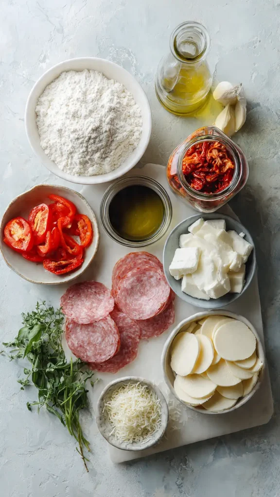 Overhead view of stromboli ingredients including flour, yeast, deli meats, mozzarella, provolone cheese and roasted peppers on marble countertop