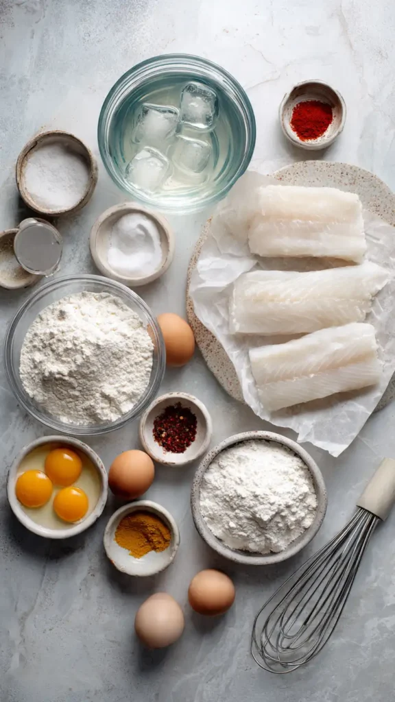 Complete ingredient layout for making crispy fish batter at home featuring corn flour, club soda, and fresh white fish