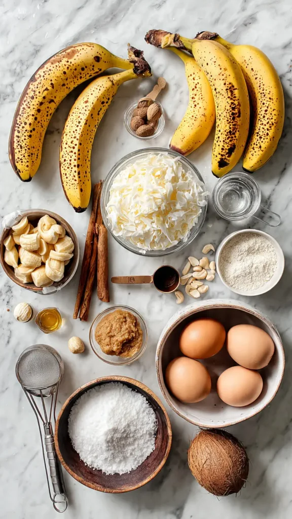Overhead view of all ingredients needed for Hawaiian banana bread including ripe bananas, pineapple, coconut, and baking essentials on marble counter